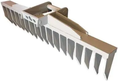A heavy-duty rake attachment for a mini excavator, designed for root removal.