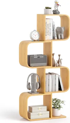A S-shaped bookshelf with various items on its shelves.