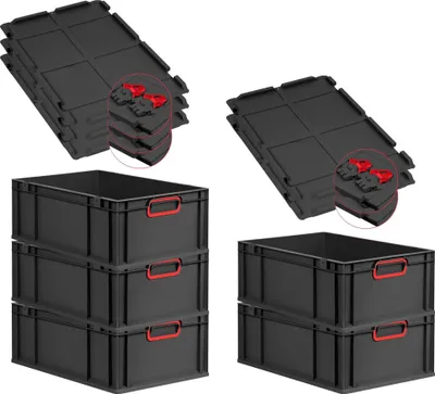 Produktbild von SuperSparSet 5x Eurobox NextGen Color mit Scharnierdeckel und Schiebeschnappverschlüssen | HxBxT 22x40x60cm | 44 Liter | Schwarz | Griffe rot geschlossen | Verstärkter Boden | Eurobehälter, Transportbox, Transportbehälter, Stapelbehälter