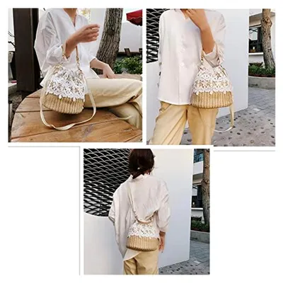 Produktbild von Stroh Tasche Schulter Tasche Wicker Frauen Tasche Lace String Handtasche Woven Sommer Rattan Strand Tasche Boho Urlaub Eimer