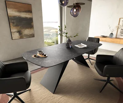 Produktbild von DELIFE Esstisch Edge Boot 180-220x100 cm Keramik Laminam® Nero Greco Anthrazit V-Gestell Flachstahl Schwarz ausziehbar