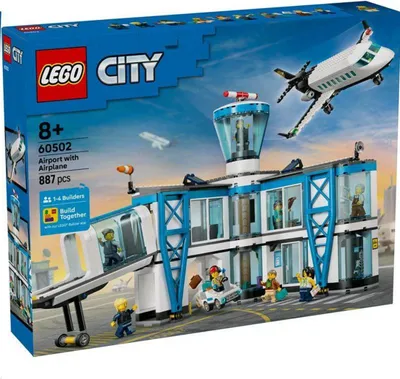 Zdjęcie produktu dla LEGO City Lotnisko z samolotem – miniaturowy model z terminalem, samolotem, pojazdem holowniczym, pomostem pasażerskim, 9 minifigurkami i akcesoriami – prezent urodzinowy dla chłopców od 8 lat – 60502