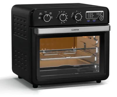 Zdjęcie produktu dla Klarstein Frytownica na gorące powietrze, AirGlaze - 34 l, 2000 W, 9 programów, sterowanie pokrętłem, rożen, okno panoramiczne, zestaw akcesoriów: ruszt do grillowania, kosz do pieczenia, blacha do pieczenia, rożen obrotowy, czarna