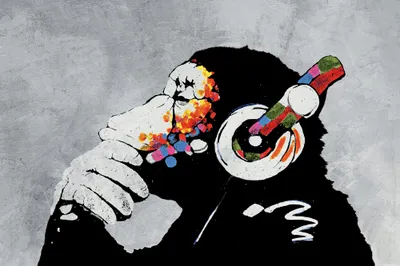 Produktbild von Streetart Kunstdruck Bild - Banksy Affe mit Kopfhörern, Musik (80 x 120 cm)