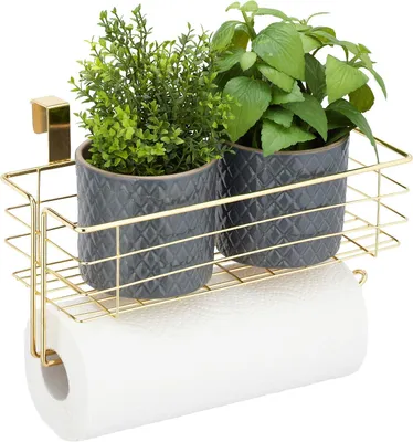Zdjęcie produktu dla Metalowy koszyk wiszący - uchwyt na rolki kuchenne - do łazienki lub kuchni - montowany na drzwiach szafki - metalowy koszyk: 18x31x17 cm - kolor złoty