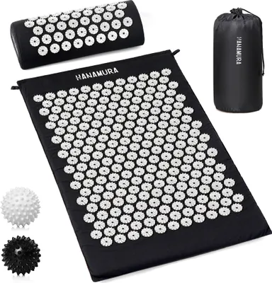 Produktbild von Hanamura Shakti-Matte - Akupressurmatte mit Kissen, Aufbewahrungstasche & 2 Triggerpunkt-Bällen - 100% Baumwolle - 74x44cm - Weiß