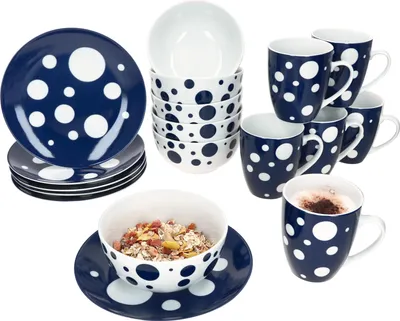 Zdjęcie produktu dla Pula niebieski 18-częściowy zestaw śniadaniowy porcelanowy talerz miska kubek w kropki