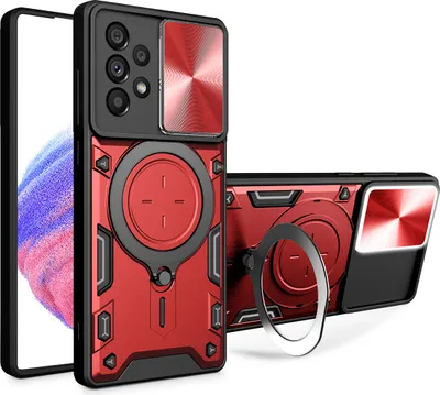 Produktbild von Handyhülle für Samsung Galaxy A53 5G Dual-Layer Stoßfest Rüstung Hülle mit Dia Kameraschutz und Kreisförmig Ring Ständer Rot