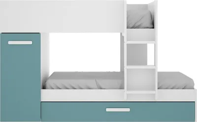 Produktbild von Etagenbett mit Einschubbett mit Kasten und - 3 x 90 x 190 cm - Weiß, natur und blau - ANTHONY