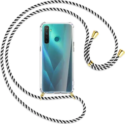 Produktbild von Handykette Backcover-Schutzhülle mit Band (Metall goldfarben) für Realme 5 Pro - schwarz/weiß gestreift