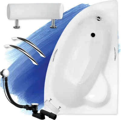 Produktbild von BADLAND Eckbadewanne Badewanne Natalia Premium RECHTS 150x100 mit Ablaufgarnitur, Handgriffen, Kopfstütze und Füßen GRATIS ohne Verkleidung
