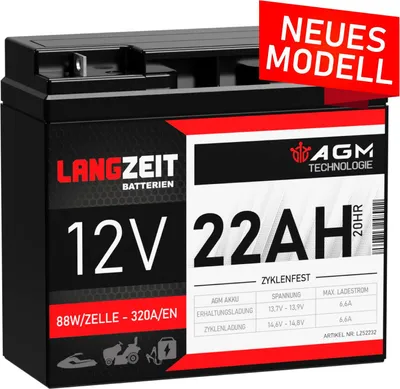 Produktbild von AGM Akku 22Ah 12V Langzeit auslaufsicher wartungsfrei für USV Solaranlage