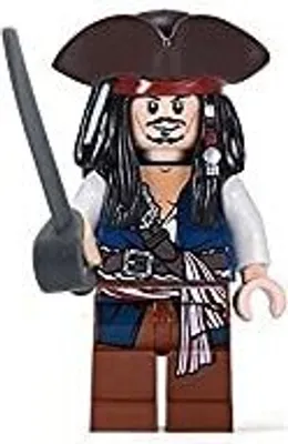 A LEGO minifigure of Jack Sparrow from Pirates of the Caribbean, holding a sword.