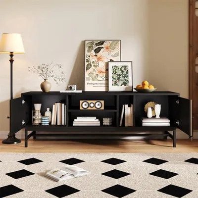 Obrázok produktu pre Moderná minimalistická TV skrinka, 150 cm, čierna, s otvorenými policami