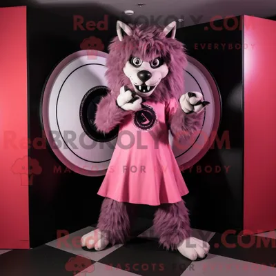 Produktbild von Maskottchen REDBROKOLY eines rosa Werwolfs mit Tellerrock und Baskenmütze