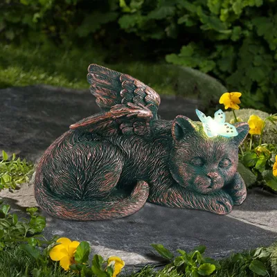 Solar-Katzenengel mit Schmetterling, Harzfigur, 20,5 cm, Gartendeko