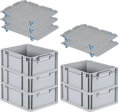 Produktbild von SparSet 5x Eurobox NextGen Grip mit Auflagedeckel inkl. 4 blauen Schiebeschnappverschlüssen | HxBxT 17x30x40cm | 16 Liter | Grau | Griffe geschlossen | Glatter Boden | Eurobehälter, Transportbox, Transportbehälter, Stapelbehälter