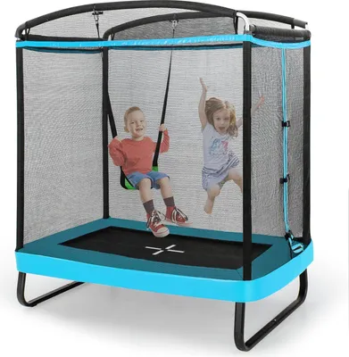 Produktbild von KOMFOTTEU Kindertrampolin mit Schaukel, rechteckiges Trampolin mit Sicherheitsnetz, Kinder Gartentrampoline 190x122x210cm