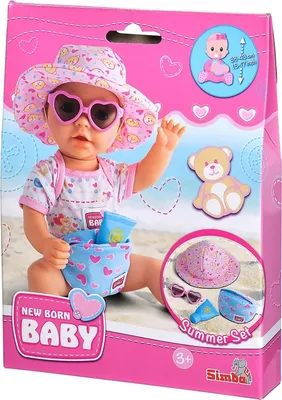 Produktbild von Simba Toys New Born Baby Puppenzubehör Sommer-Set 4-teilig für ca. 38-43 cm Puppen – inkl. Sonnenhut, Cremetube, Sonnenbrille, Bauchtasche mit Herzchenprint, ab 3 Jahren