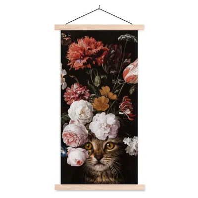 Produktbild von MuchoWow® Textilposter Katze - Blumen - Kunst 60x120 cm mit holzfarbenen Rahmen - Holz