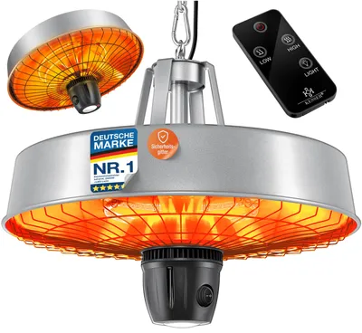 Produktbild von KESSER® Deckenheizstrahler Heizpilz Infrarot-Heizstrahler 2500W Terrassenstrahler mit Fernbedienung Quarzstrahler | LED Licht | Decke | Infrarotstrahler | mit Kette + Karabinerhaken Carbon-Heizelement