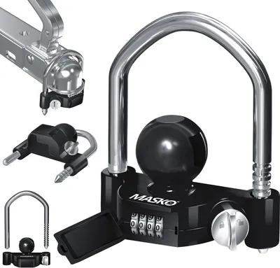 Produktbild von MASKO® Anhängerschloss Zahlenschloss mit 4 Stellig Code für gängige Anhängerkupplung Anhängerkugelsperrkupplung einfache Montage Diebstahlschutz Wohnwagen Anhänger Abschleppsperre Stahlbügel