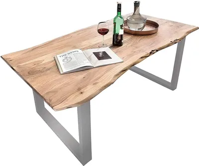 Produktbild von Baumkantentisch 280x100 cm Quarto, Akazienholz massiv + naturfarben, Esstisch mit silbernem U-Gestell, Esszimmertisch/Holztisch Industrial-Design, Tischplatte 26 mm