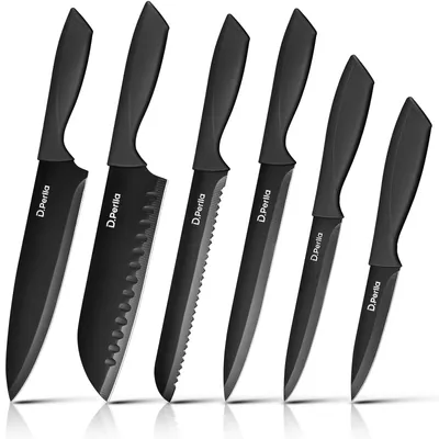 6-teiliges Küchenmesserset, Edelstahl, Kochmesser, schwarz