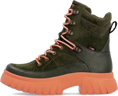 A single green boot with an orange sole against a white background.