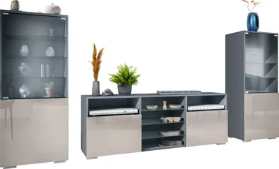 Produktbild von Vladon Wohnwand Granada, Anbauwand bestehend aus 2 Vitrinen und 1 TV-Board, Anthrazit matt/Sandgrau Hochglanz (286 x 122,5 x 35 cm)