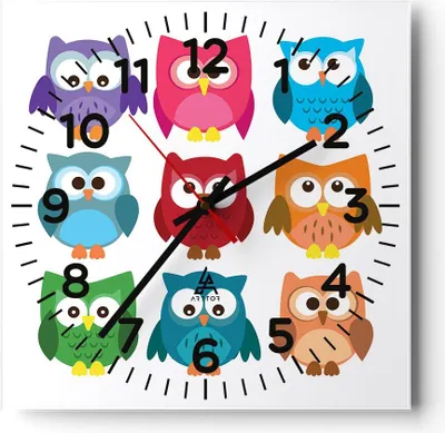 Produktbild von Wanduhr - Quadrat - Glasuhr - Eulen Bunt Kinder Zeichnung - 30x30cm - Schleichendes Uhrwerk - Lautlos - zum Aufhängen bereit - Dekoration Modern - Wanddekoration aus Glas - C4AC30x30-2880