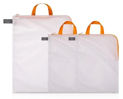 Immagine prodotto di Set di 3 sacchi per biancheria in rete con cerniera, arancioni: 1 sacco da 40x50 cm e 2 sacchi da 30x40 cm
