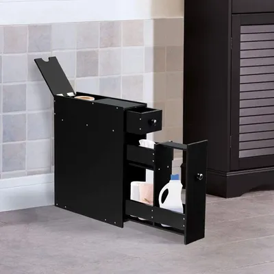 Produktbild von GOPLUS Badschrank schmal, Badezimmerschrank , Badezimmerregal, Beistellschrank, Badkommode, Hochschrank, mit 4 Schubladen, 58 x 48,5 x 16 cm (Schwarz)