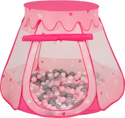 Obrázek produktu pro Selonis dětský stan na hraní 105X90cm/100 míčků Hradní domeček Pop Up Ballpit Plastové míčky pro děti, Růžová:Pearl-Grey-Transparentní-Pudrově růžová