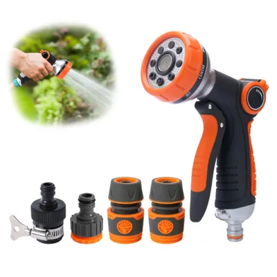 Produktbild von Gartenbrause Handbrause,5-teiliges Set,mit Einstellbarem Wasserdurchfluss&8 Sprühfunktion,für Garten Bewässerung,Autowaschen,Grün,Haustier Baden