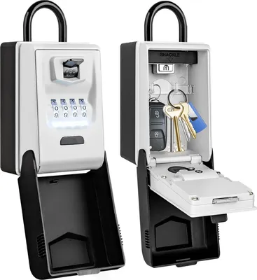 Productafbeelding van Sleutelkluis met houder en licht. Draagbare, outdoor sleutelkluis met 4-cijferige combinatie. Waterdichte sleutelopslagbox. Grote sleutelkluis voor thuis, kantoor, garage, Airbnb