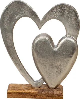 Produktbild von Moderne Skulptur Dekofigur Herz aus Aluminium auf Sockel aus Holz Silber/braun 17x21 cm