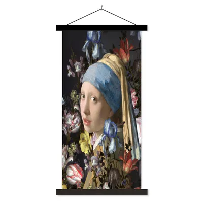 Produktbild von MuchoWow® Textilposter Das Mädchen mit dem Perlenohrring - Johannes Vermeer - Blumen 90x180 cm mit schwarzem Rahmen - Dekoration Wohnzimmer