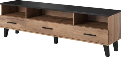 Produktbild von Furniture24 Tv Schrank Lotta, Wohnzimmerschrank, Schrank, Fernsehenschrank, Lowboard, Unterschrank mit 3 Schubkästen, Skandinavisch, Wotan Eiche / Schwarz