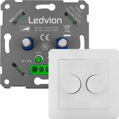 The back of a dimmer switch module and the front plate with two buttons.