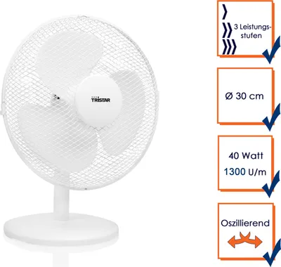 Produktbild von Tristar VE-5724, Haushalts-Lamellenlüfter, Weiß, Tisch, Kunststoff, 48,43 dB, 1 m³