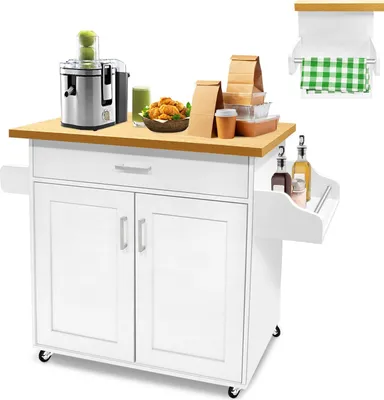 Produktbild von NAIZY Wózek kuchenny Szafka kuchenna z blatem Mobilna wyspa kuchenna Wózek kuchenny na kółkach, wózek kuchenny, wózek do serwowania 115x36x90cm Biały