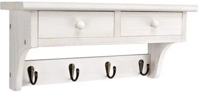Immagine prodotto di Appendiabiti a parete Benzoa® in legno di Paulownia, aspetto rustico bianco, 4 ganci in metallo color marrone vintage, ripiano da 43 cm – appendiabiti artigianale per ingresso e soggiorno