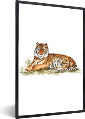 Produktbild von MuchoWow® MuchoWow® Gerahmtes Poster Tiger - Bild - Gras 40x60 cm - Poster mit zchwarzem Bilderrahmen - Papierdruck - Wandbilder