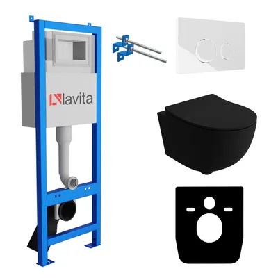 Produktbild von Lavita LAV 101 Vorwandelement für WC 40cm + Wand Hänge Tiefspül WC BRAVA Schwarz Spülrandlos + Bedienplatte LAV 200.4.1 Weiß  | Komplettset | Unterputz Spülkasten | Toilette Komplett Sett