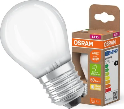 Obrázok produktu pre LED žiarovka OSRAM LED Superstar Classic P 40 v klasickom tvare minikule z matného skla, 2,2 W, 470 lm, pätica E27, teplé biele svetlo 2700 K, EEK A, priemer 45 mm.
