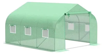 Obrázok produktu pre Záhradný tunel – skleník – tunel z fólie – 10,5 m² – 3,5 x 3 x 2 m – oceľový rám s pozinkovaním – polyetylénová fólia – dvere + 6 rolovacích okien – armádovo zelená farba