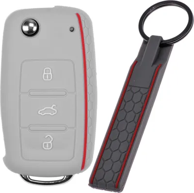 Produktbild von Auto Schlüssel Silikon Schutz Hülle + Schlüsselband im Wabe Design Grau kompatibel mit VW SEAT Skoda Golf 6 Octavia UP Leon 3 Tasten Klappschlüssel