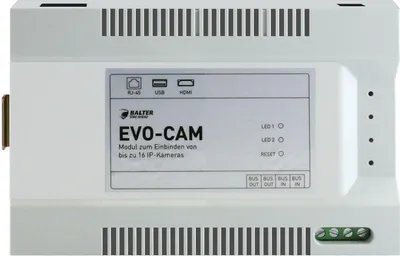 A front view of a white electronic device, likely a network video recorder or similar, with a label on the front detailing its functions and brand.