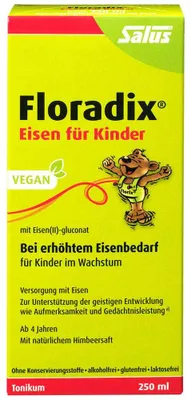 Produktbild von Kinder-Nahrungsergänzungsmittel, Salus, Floradix, aus Frucht- und Pflanzenextrakten, mit Eisen, ab 4 Jahren, Himbeergeschmack, 250ml